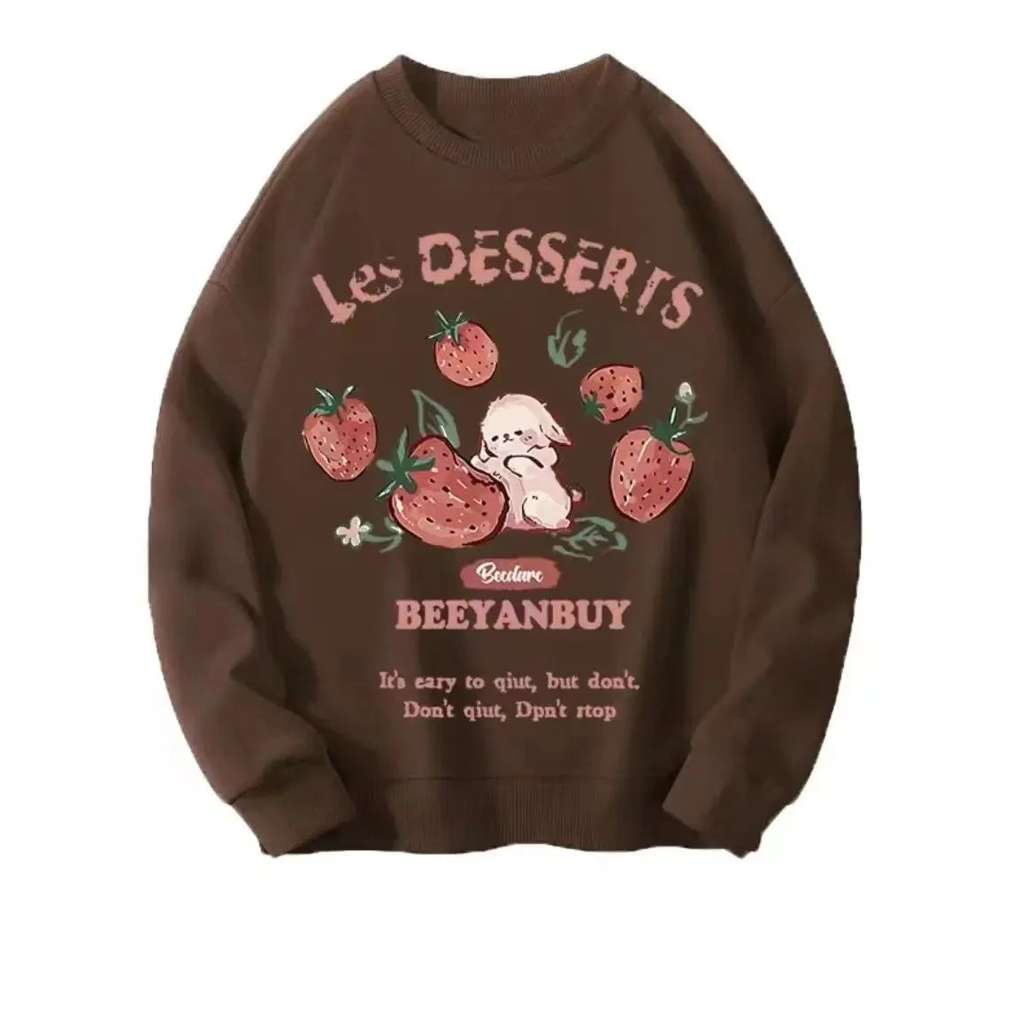 çikolata renginde, çilek desenli tavşan sweatshirt.