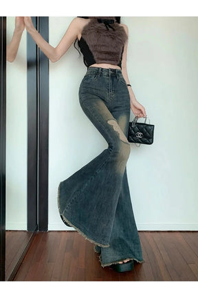 Sonbahar Vintage Yüksek Bel Flare Jean