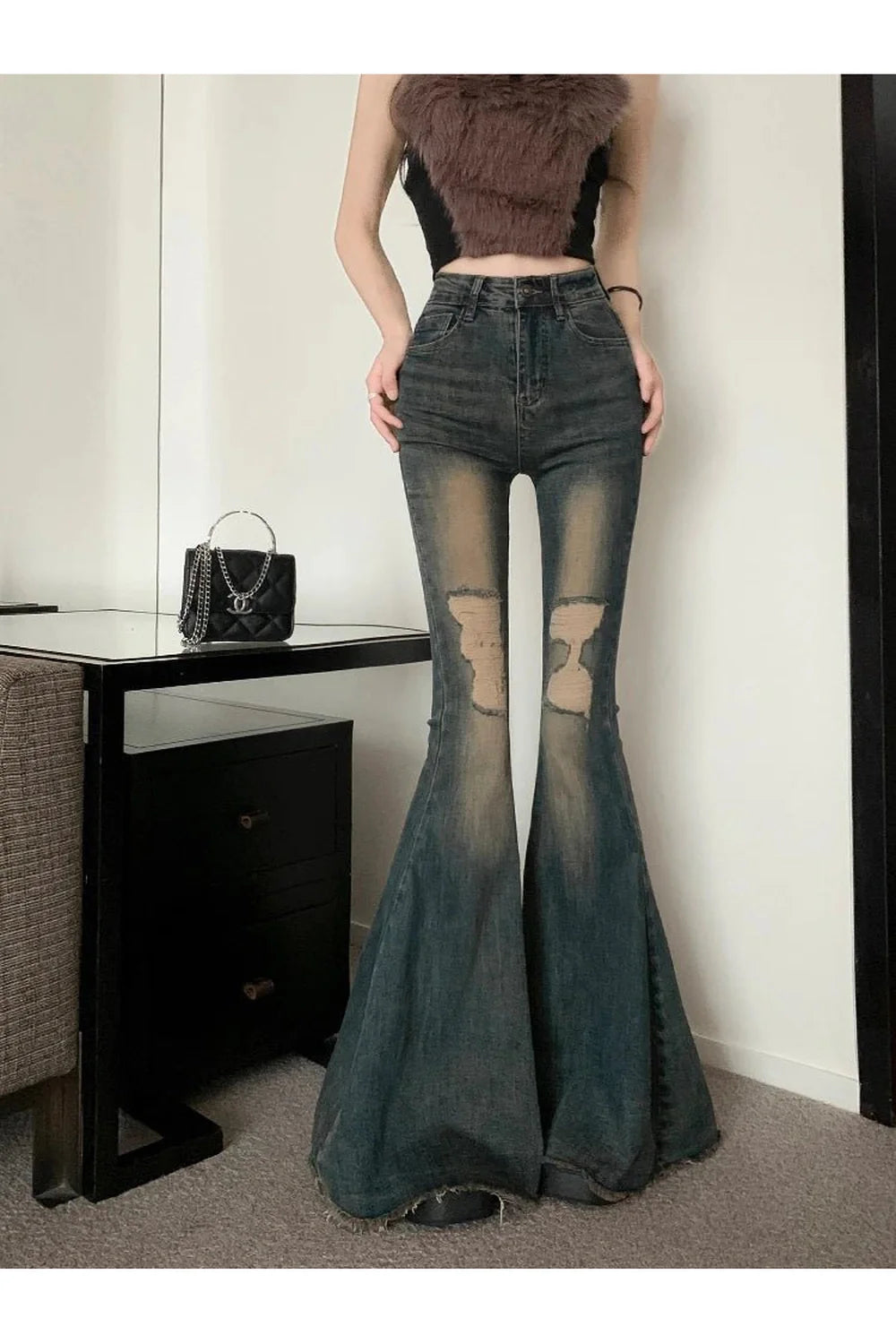 Sonbahar Vintage Yüksek Bel Flare Jean