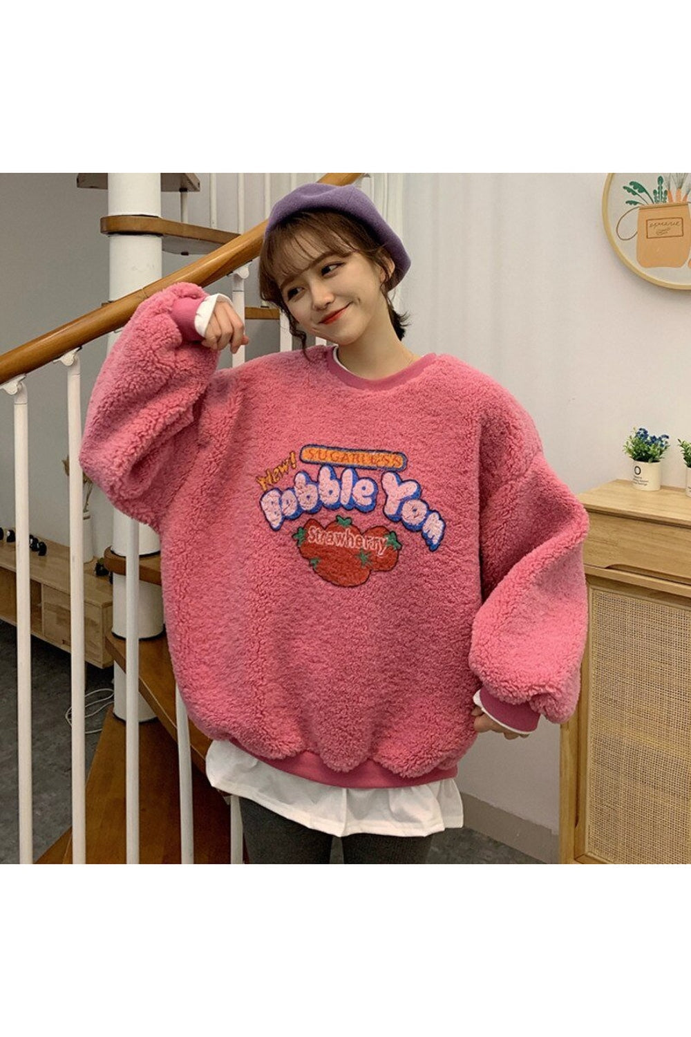 Vintage çilek Baskılı Sıcak Sweatshirt