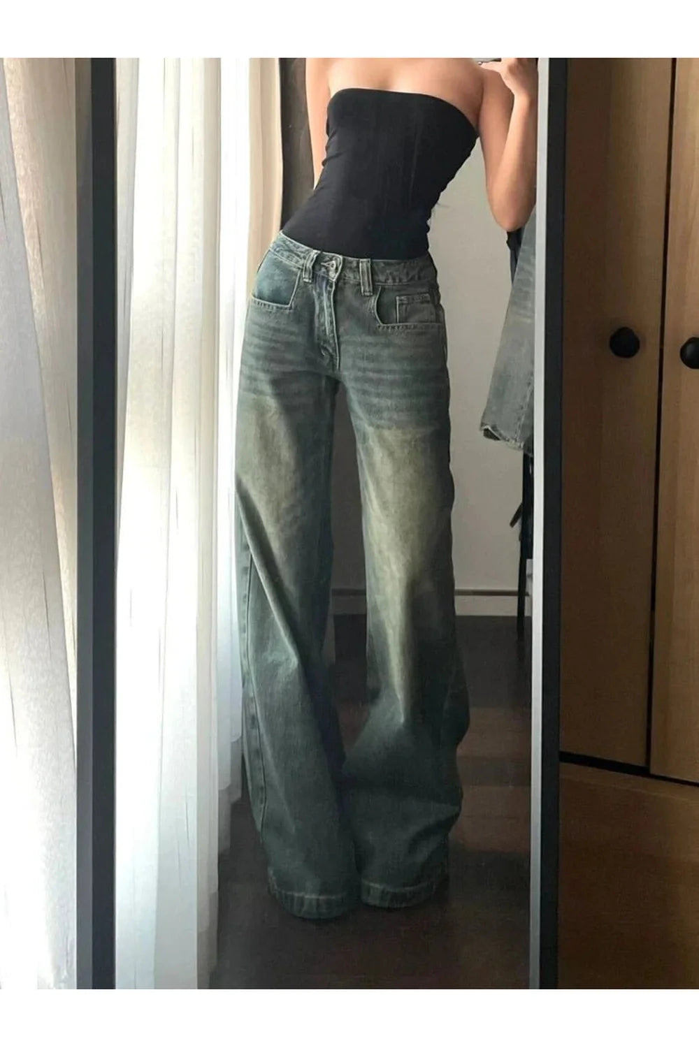 Vintage Yıkama Wide-Leg Kot Pantolon