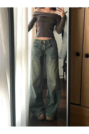 Vintage Yıkama Wide-Leg Kot Pantolon