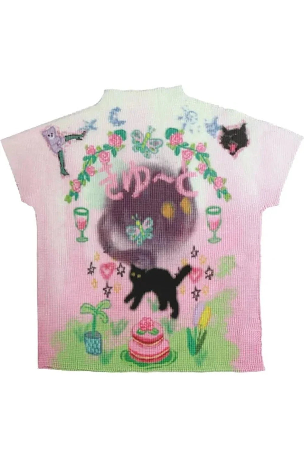 Hareketli Pastel Kedi örgü T-shirt