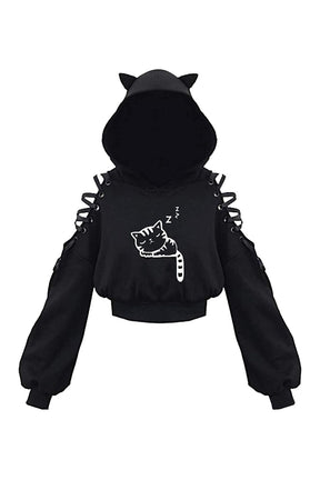 Sonbahar cadı tarzını yansıtan uzun kollu crop hoodie.
